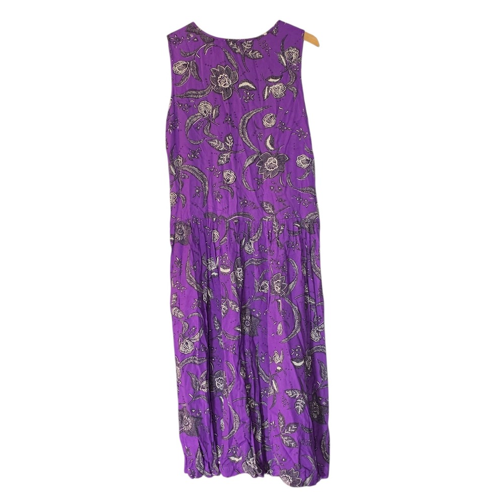 Vtg Bryn Connelly Purple Floral Batik Rayon Lagenlook Sleeveless Midi Dress Lg - Picture 2 of 5
